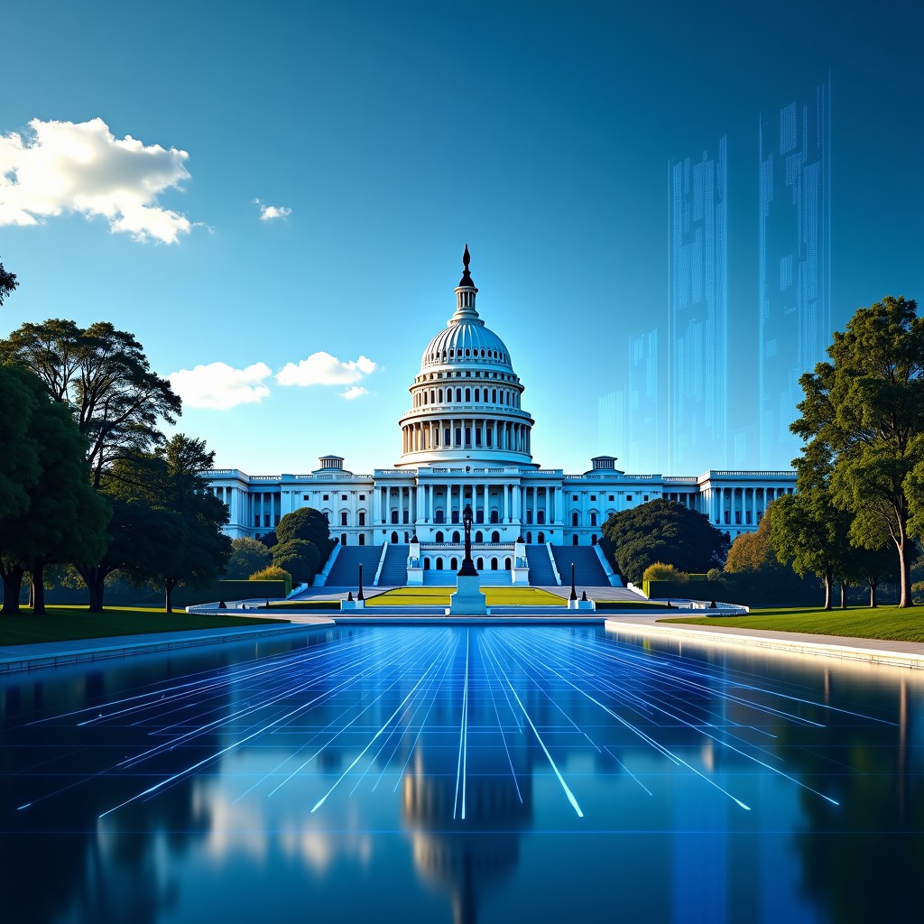 The U.S. Capitol building with digital data streams flowing around it, representing the intersection of law and technology. Bright daylight, wide angle, 4:3.