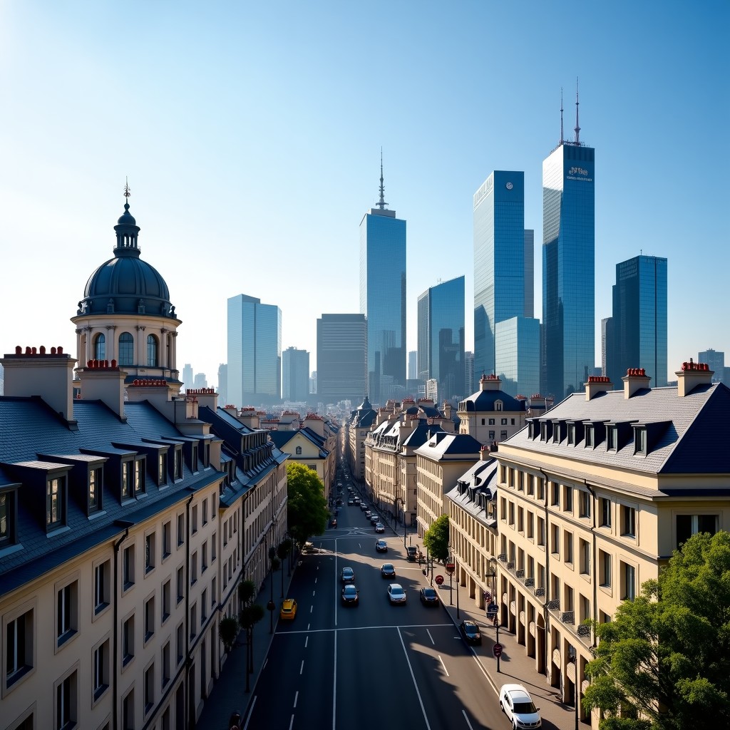 A scenic view of a European financial district with a mix of classical architecture and modern glass buildings under a clear sky. Professional architectural photography 4:3