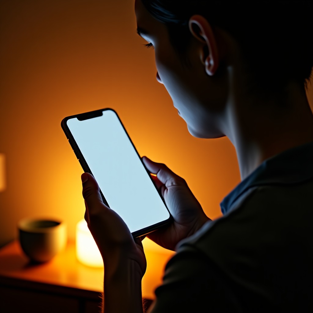 A person looking at a Google Pixel phone screen with a warm and soft display tone in a dimly lit room. The lighting is cozy and comfortable, highlighting the eye-care feature of the screen. Natural expression, high quality photography. 4:3