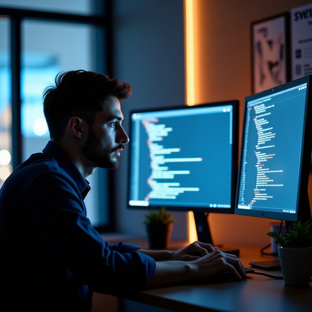 A professional software developer sitting in a modern office, speaking naturally while looking at a screen filled with code. Soft cinematic lighting, high-tech atmosphere, professional setup. 4:3