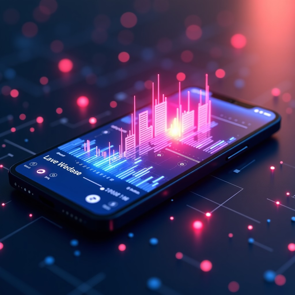 A futuristic digital music interface on a smartphone screen with abstract glowing sound waves and data nodes, high tech aesthetic, 4:3