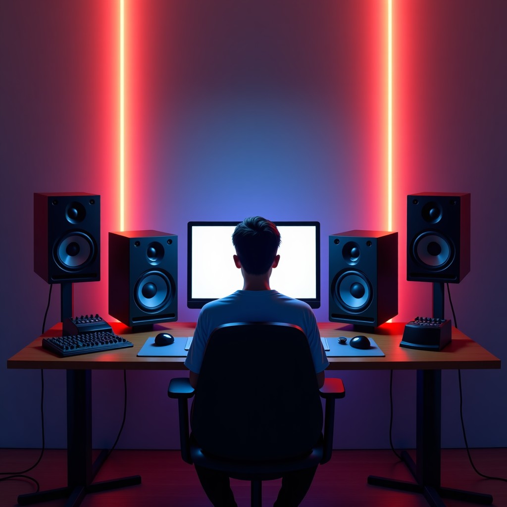 A modern professional recording studio with high-end monitors and a musician working on a computer screen, cinematic lighting, 4:3