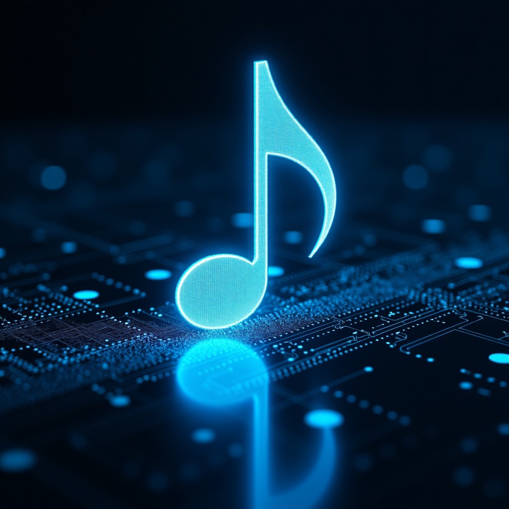 A modern conceptual representation of music notes blending with digital binary code and circuit patterns, professional studio aesthetic, cinematic lighting, 4:3.