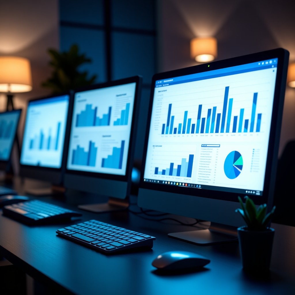 A modern professional workspace with multiple computer screens displaying email marketing analytics charts and abstract data visualization, cinematic lighting, high resolution, 4:3 aspect ratio
