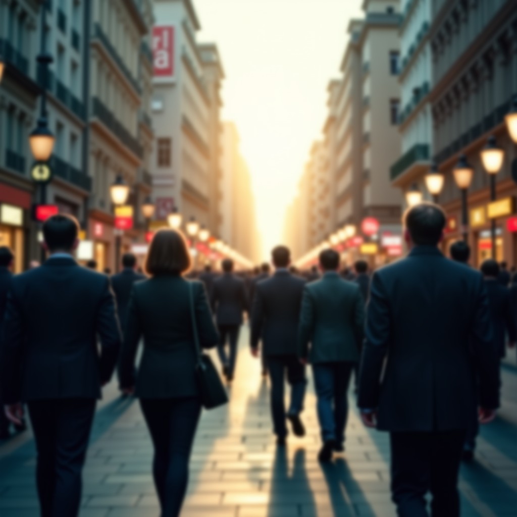 People walking in a crowded street with faint digital overlays, high contrast, cinematic atmosphere, 4:3