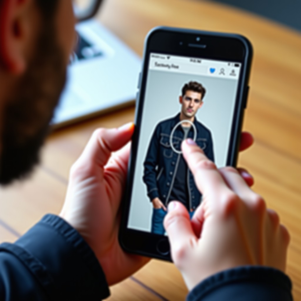 A person using their finger to draw a circle on a smartphone screen to identify a stylish jacket worn by a model in a photo. The screen shows the jacket being isolated and searched. Modern lifestyle setting, bright lighting, focus on hands and phone. 4:3