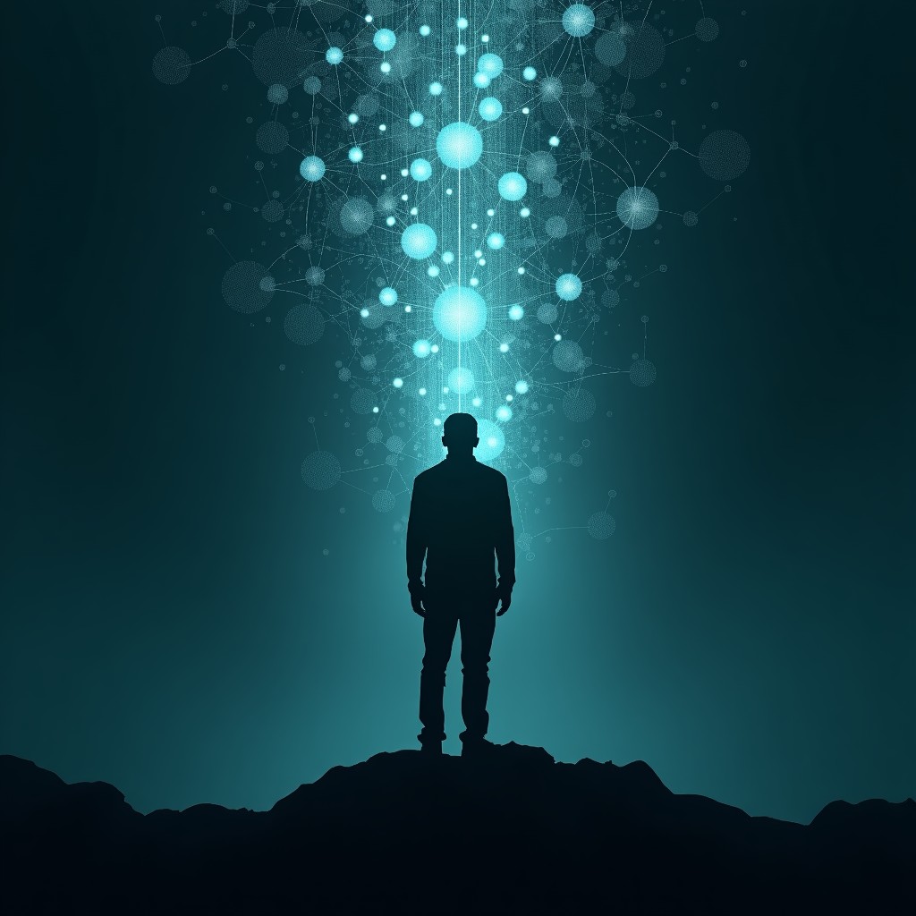 Abstract representation of neural networks blending with human silhouette, moody atmosphere, tech-noir style, 16:9 aspect ratio