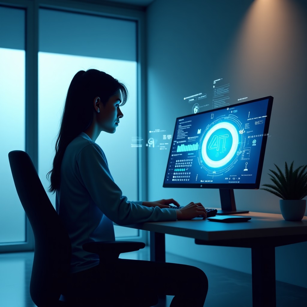 A futuristic digital workspace showing a person using a computer with holographic AI interface elements floating in the air, modern interior design, cool tones, cinematic atmosphere. 4:3