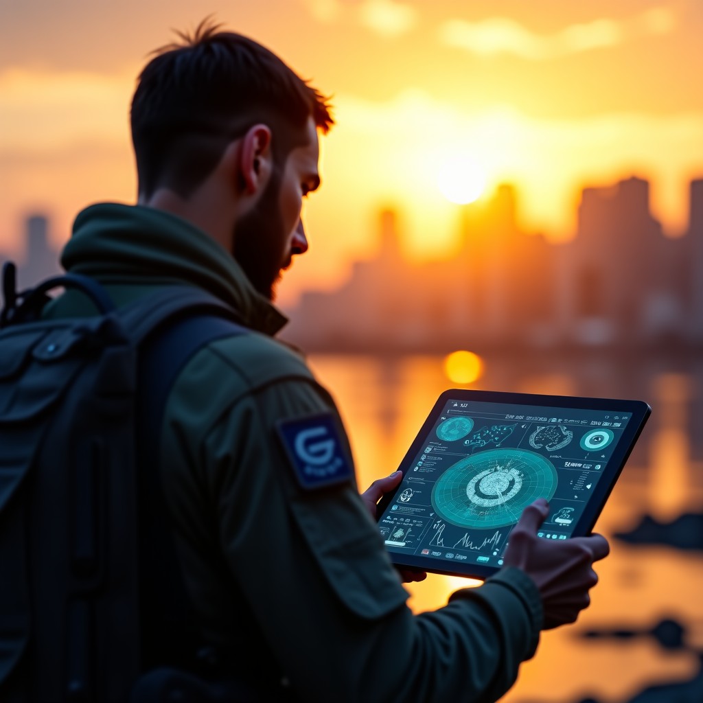 A futuristic soldier observing a high-tech tablet showing complex data streams and strategic maps, golden hour lighting, cinematic composition, detailed environment, 1:1