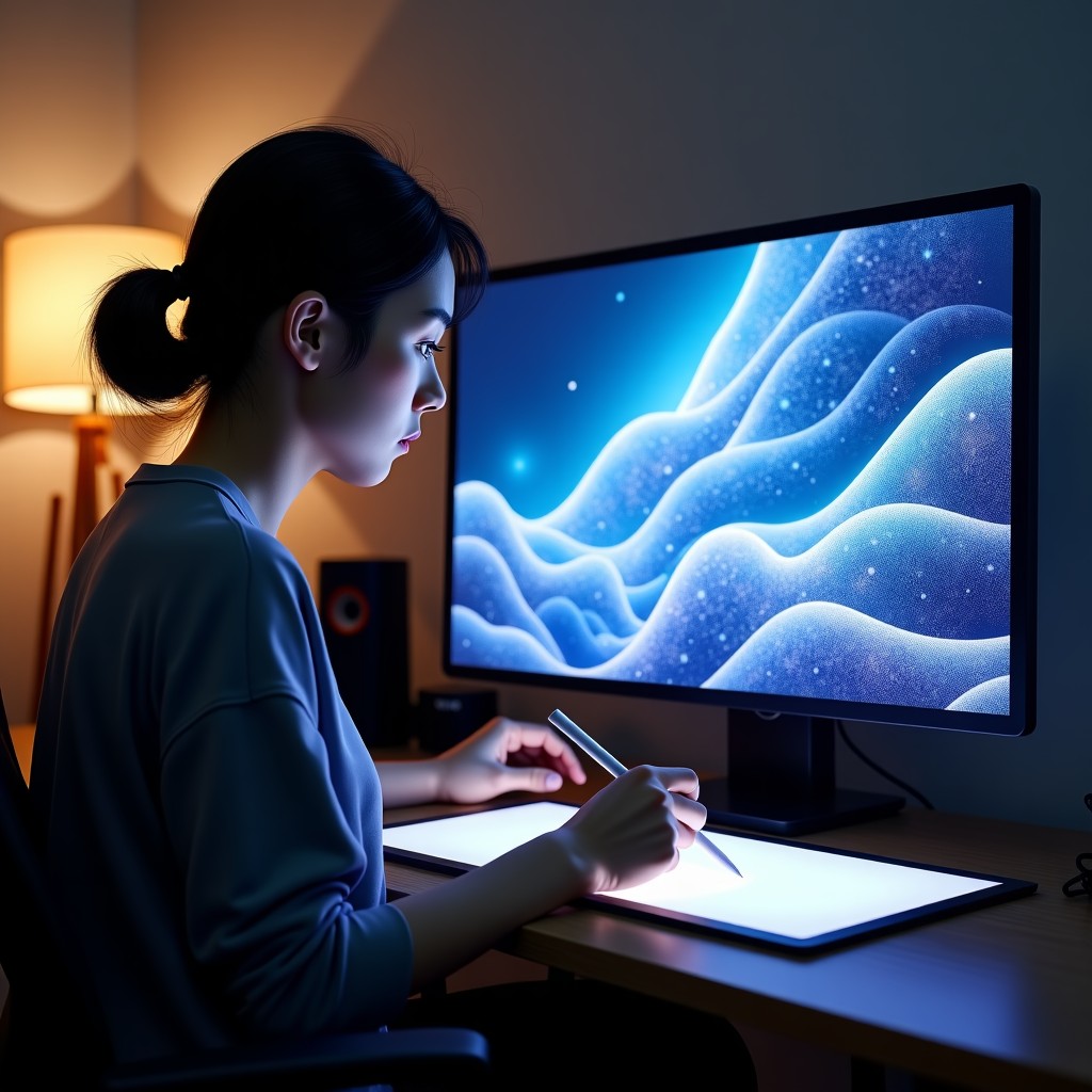 A Korean digital artist working in a modern studio using a stylus and a large tablet screen showing complex AI generated patterns, artistic lighting, natural setting, 4:3