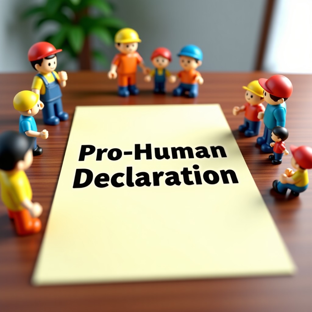A symbolic high-quality document titled Pro-Human Declaration laying on a wooden desk, surrounded by icons representing family, human labor, and community, realistic 3D rendering, 4:3