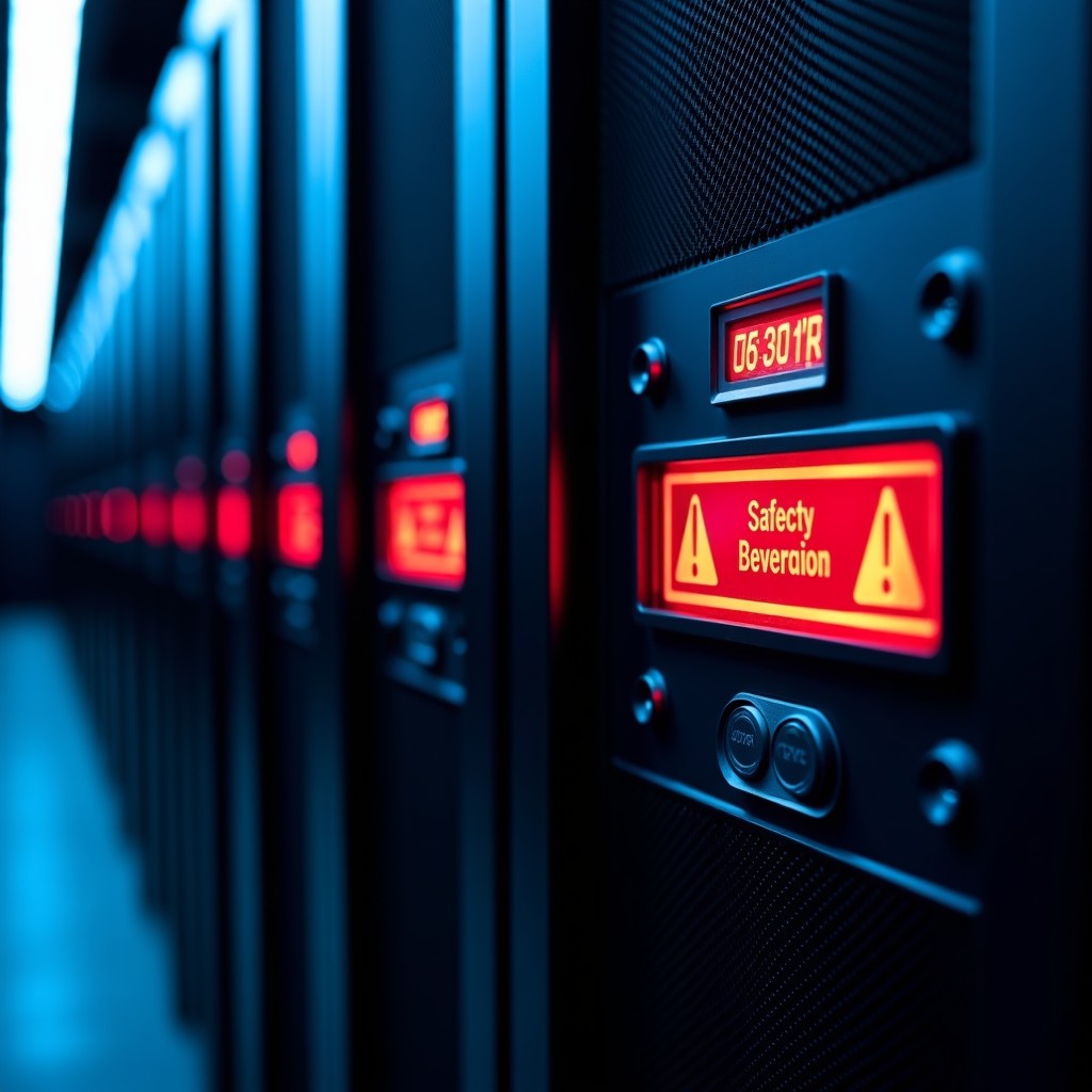 Close-up of a high-tech server rack with glowing red safety lights and a digital warning sign, sophisticated technology, blue ambient light, detailed textures, 4:3