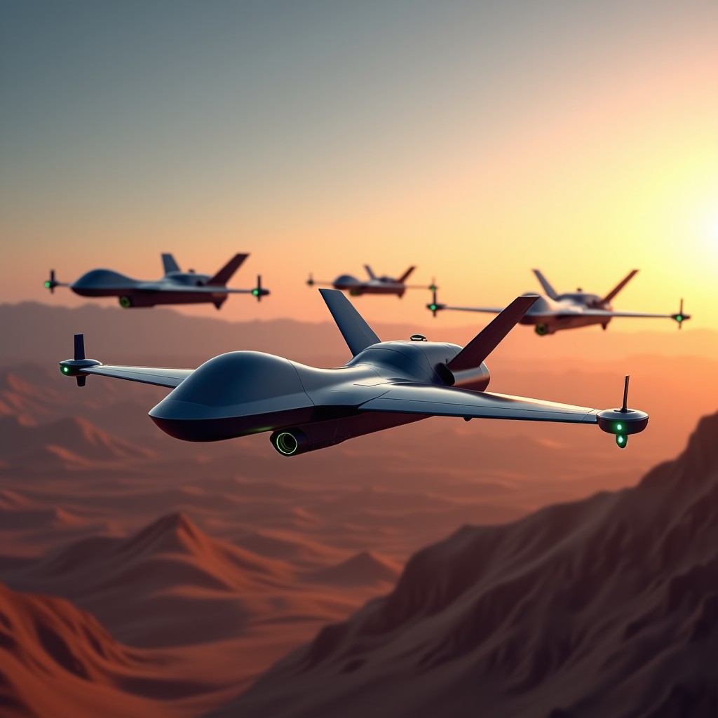 A fleet of advanced military drones flying over a desert landscape at dusk. The drones have glowing elements and a sleek aerodynamic design. In the background, a digital grid overlay suggests AI control. Realistic photography style with natural lighting. 4:3