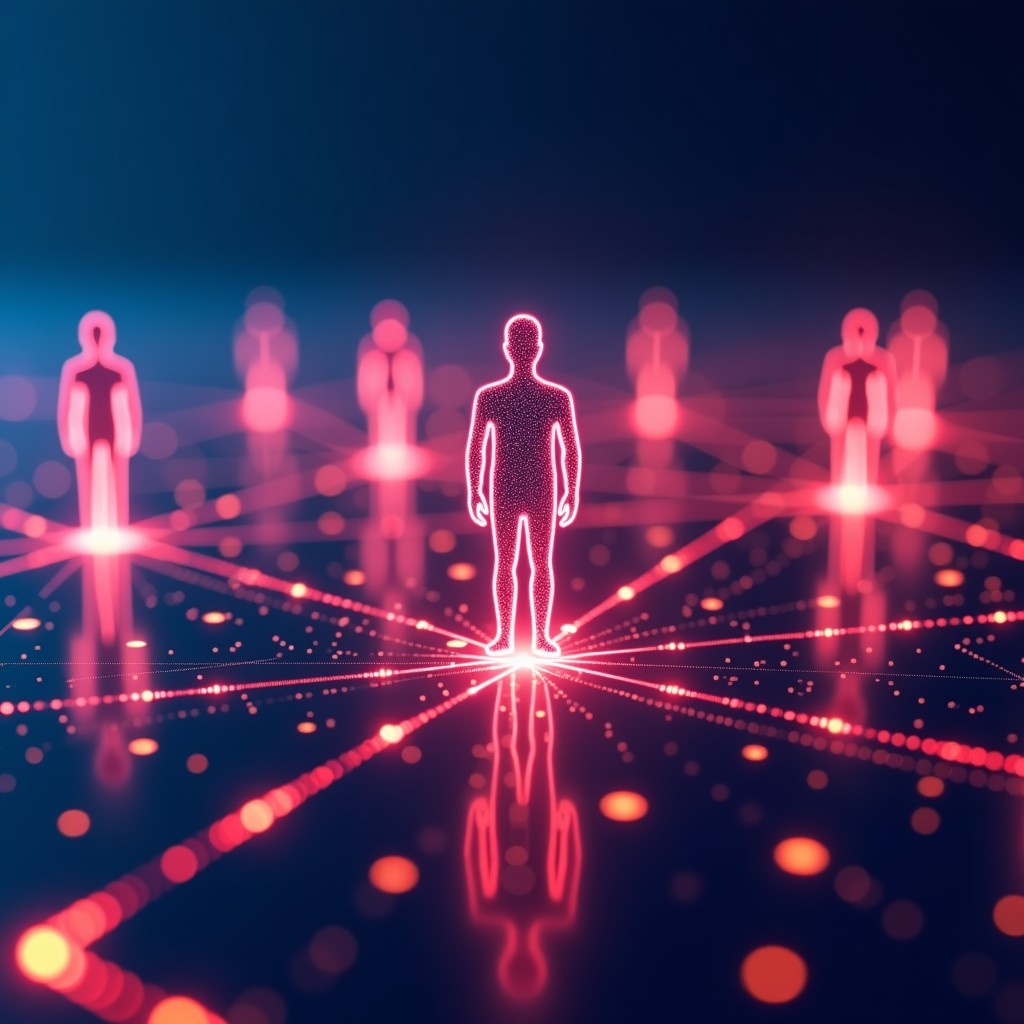 Multiple stylized humanoid AI silhouettes made of light particles working together on a complex glowing data grid. Bright vibrant colors with a sense of high-speed connectivity and intelligence. No text. 1:1