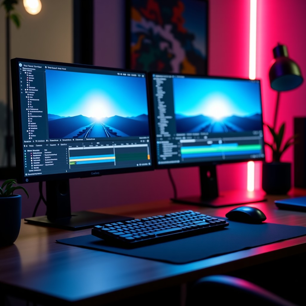 A realistic photo of a professional creator desk with dual monitors showing video editing software and a digital AI disclosure tag mockup on the screen. 1:1