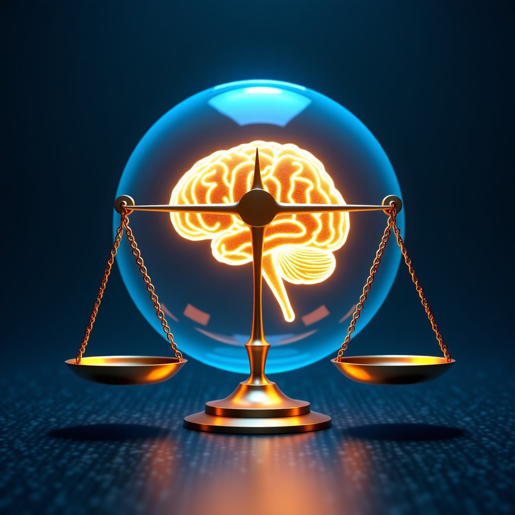 A symbolic illustration representing the tension between AI ethics and military technology, a glowing crystalline brain in the center with a shield and a scale of justice, futuristic digital background with dark blue and gold tones, high contrast, artistic rendering, 4:3