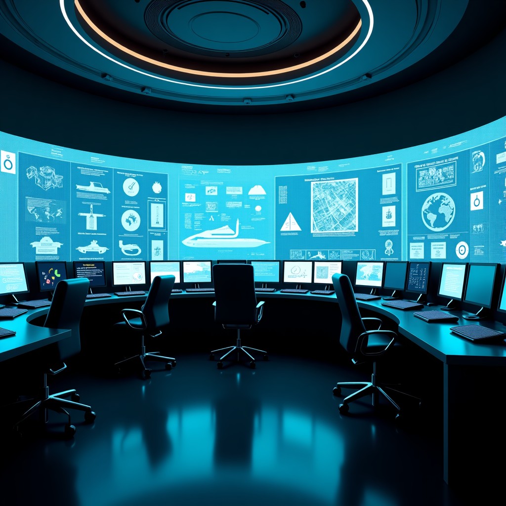 A cinematic shot of a futuristic control room with holographic data visualization mixed with traditional military blueprints, dim ambient lighting, cinematic composition, photorealistic, 4:3