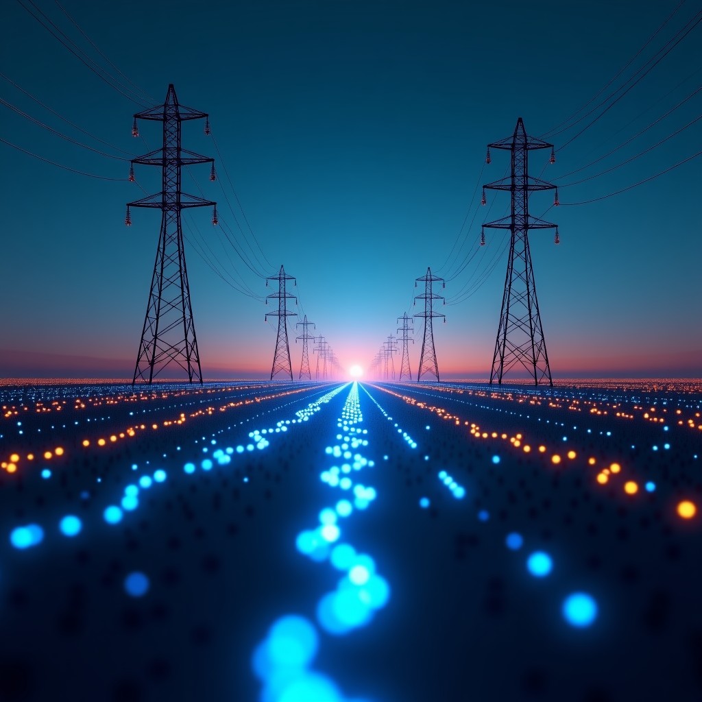 Abstract representation of AI neural networks merging with an electrical power grid and pylons, glowing blue and amber light, cinematic composition, 16:9 aspect ratio.