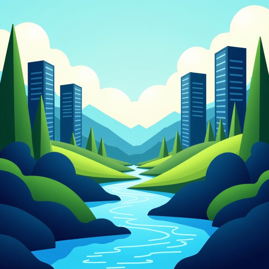 Conceptual image representing the conflict between high-tech server cooling towers and natural water streams, digital infrastructure integration with nature, clean composition, vibrant colors, 4:3