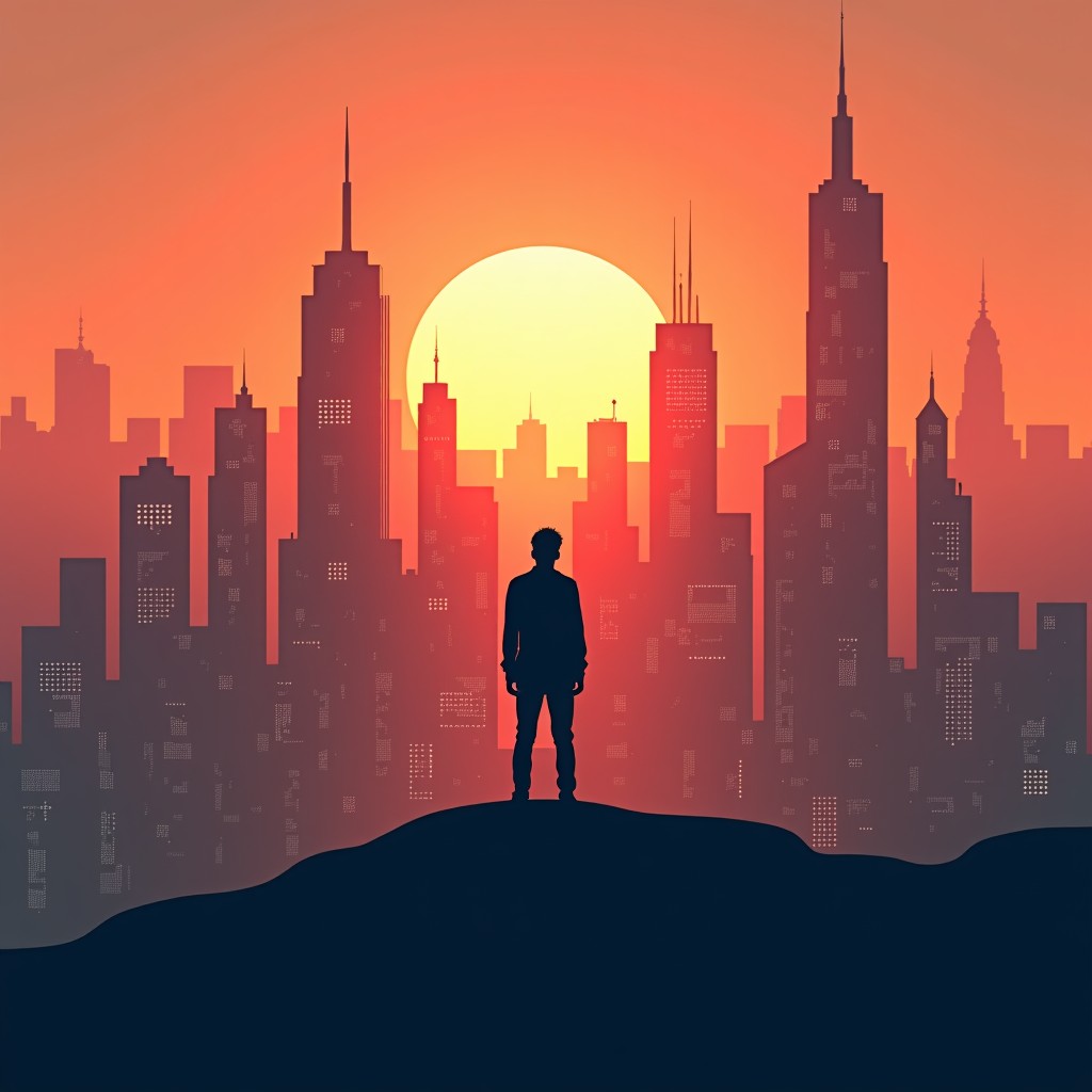 A lone silhouette of a person looking at a futuristic city skyline integrated with giant digital circuit patterns, sunset sky, contemplative and cinematic atmosphere, 4:3