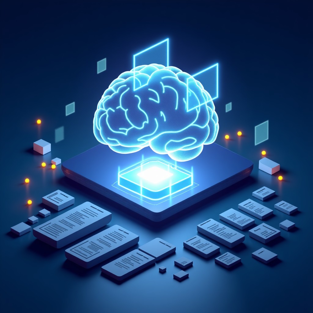 Conceptual illustration of digital information blocks labeled as news entering a glowing AI brain core. The blocks look like high-quality paper and digital screens. Professional and clean layout, 4:3.