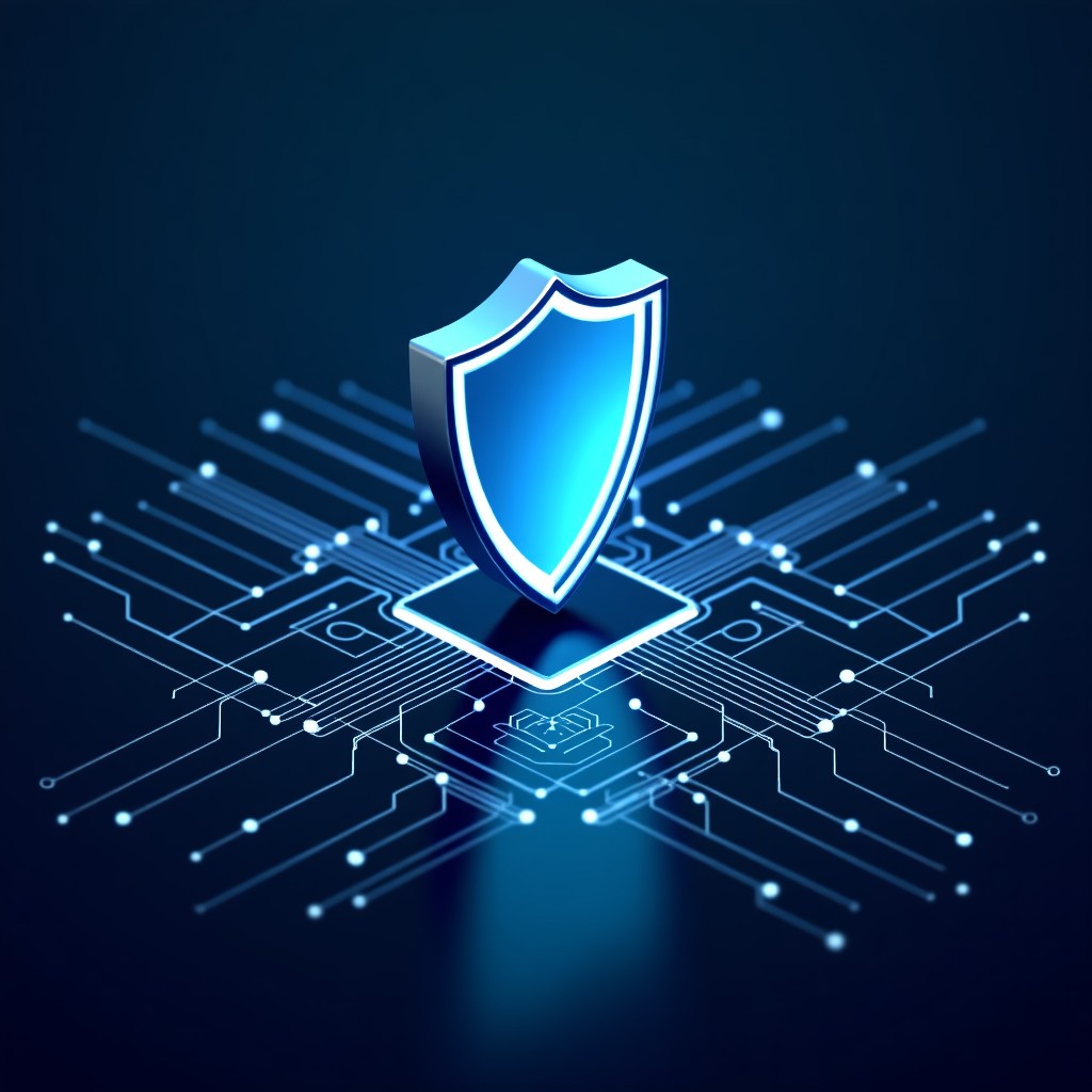 A conceptual illustration representing the intersection of artificial intelligence and defense technology. Digital circuits merging with a shield symbol. Dark blue and silver color palette with glowing light effects. 4:3