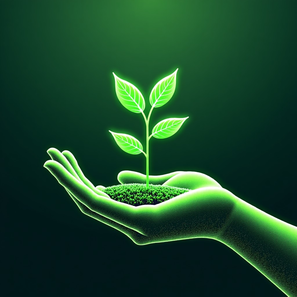 A conceptual illustration of a digital hand holding a sprout, with circuitry patterns overlaid on green fields. Modern and high contrast style. 4:3