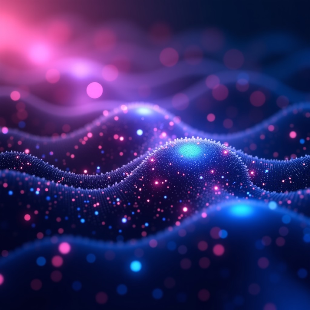 Abstract visualization of artificial intelligence interacting with digital code, glowing neural networks merging with binary sequences, vibrant purple and blue color palette, high detail digital art, 4:3