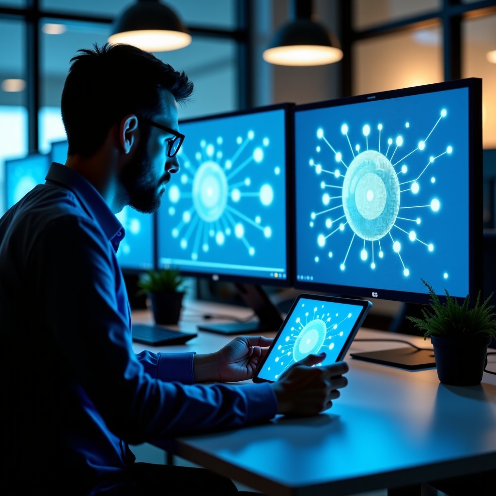 A modern office setting where a person is using a laptop and a tablet. On the digital screens, glowing abstract nodes represent artificial intelligence assisting the human. The lighting is bright and professional, with a focus on a collaborative atmosphere between human and technology. No text on screens. 4:3