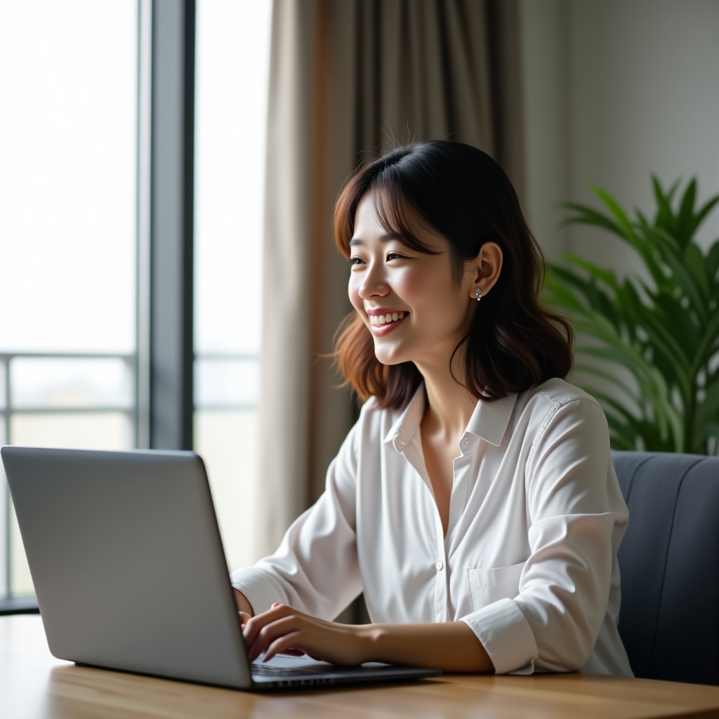 A Korean person sitting comfortably at a modern desk with a laptop, smiling slightly as if having a pleasant conversation with an AI, soft daylight through a window, clean interior design, cinematic lighting, 4:3