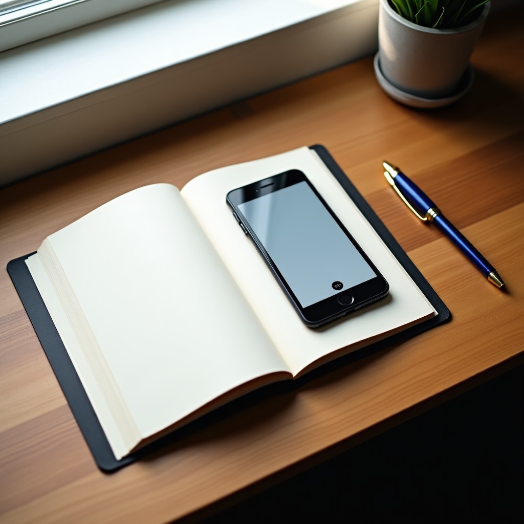 A high-angle shot of a wooden desk featuring an open physical book, a fountain pen, and a sleek tablet displaying a chat interface. Soft morning sunlight filtering through a window. High resolution, lifestyle photography, 1:1