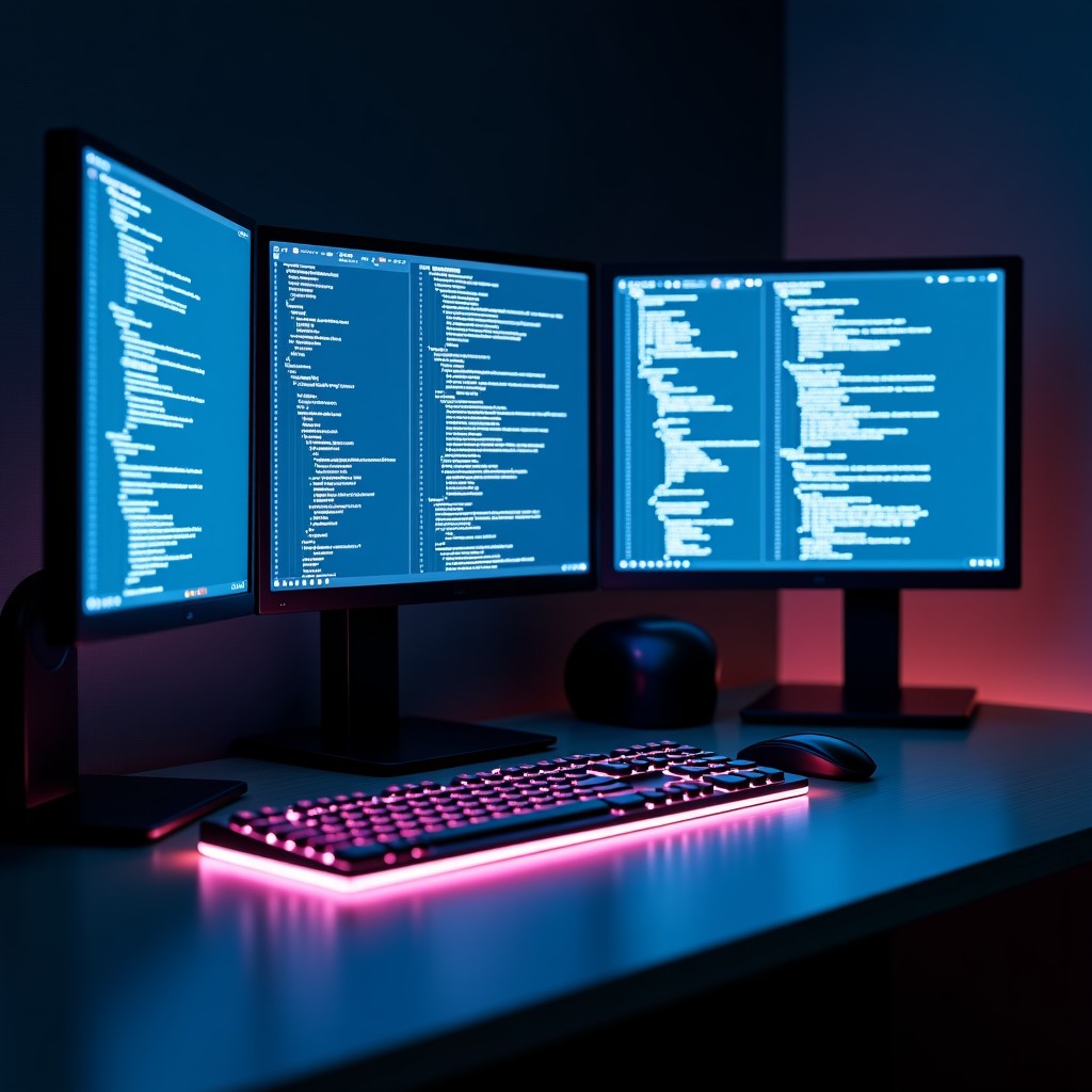 A sleek, modern workstation with multiple screens showing clean code and creative layouts. A futuristic holographic interface subtly glowing near the keyboard. No text. Informational style, clean infographic layout, high contrast. 1:1