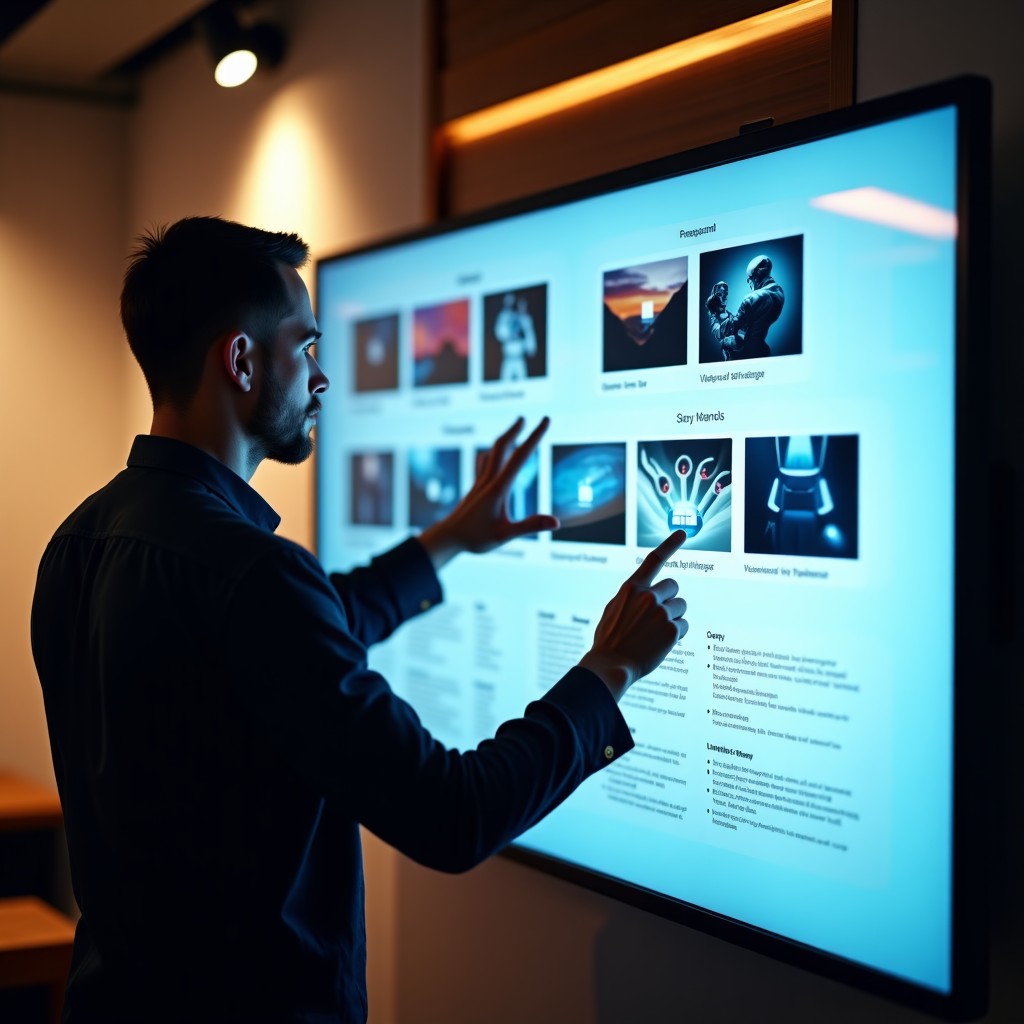 Close up of a creative team collaborating with an intelligent AI interface on a large touch screen, displaying video production storyboards and marketing assets, warm professional lighting, 4:3.