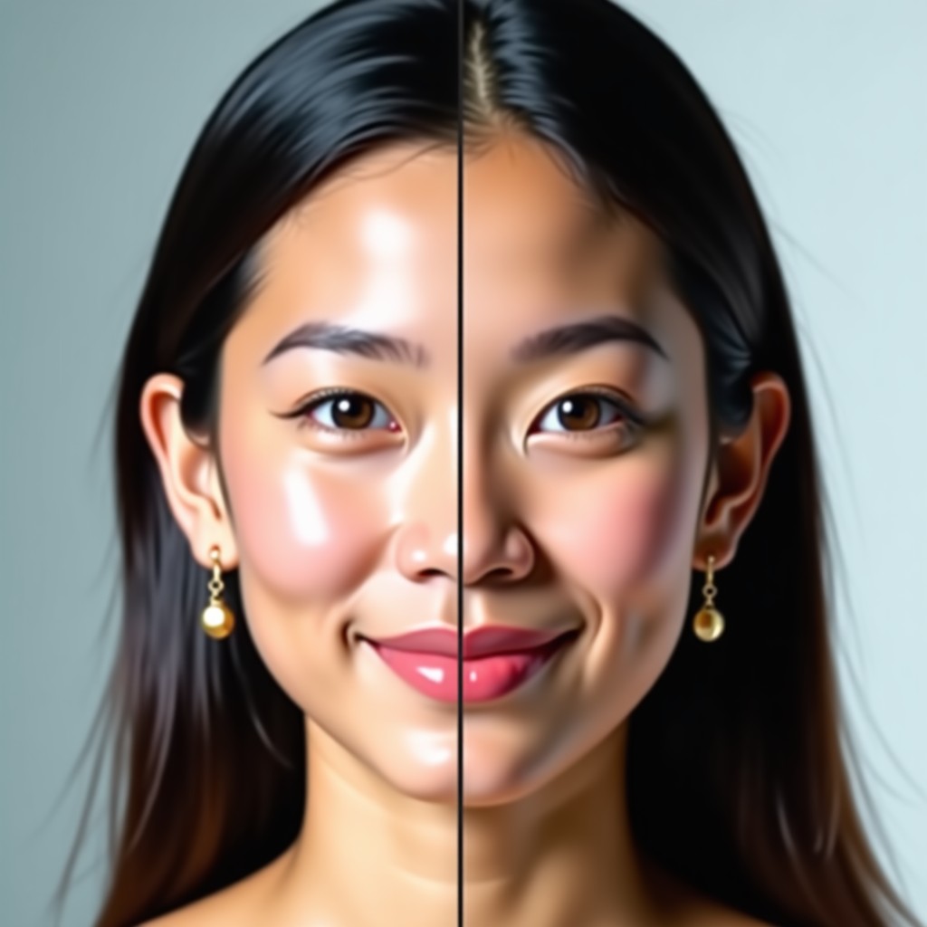 A split screen showing a real photograph on one side and an AI-generated image on the other. Highlighting subtle glitches like mismatched earrings, distorted background patterns, and unnatural skin textures. Educational infographic style, clean and sharp, 4:3
