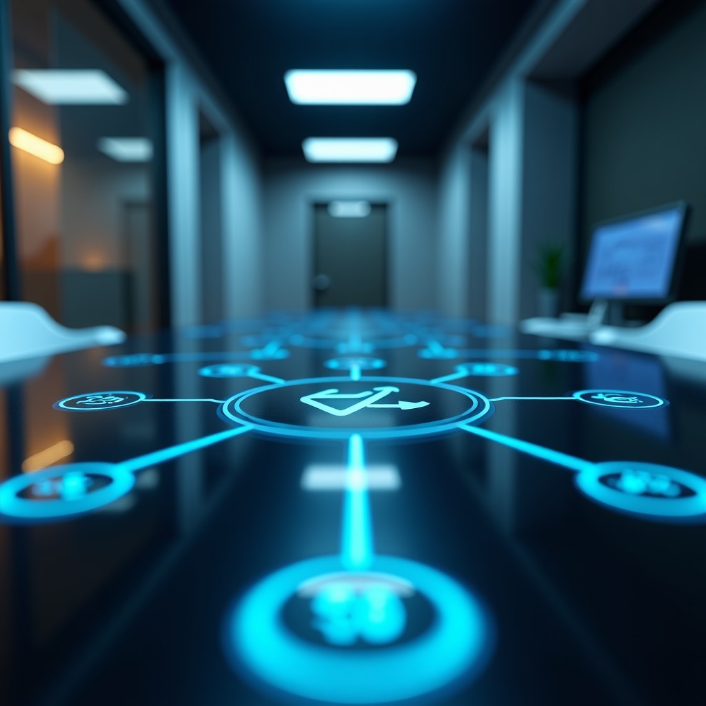 Close-up shot of a sleek futuristic digital interface showing automated customer service interaction nodes in a dark office setting with soft ambient lighting, 4:3