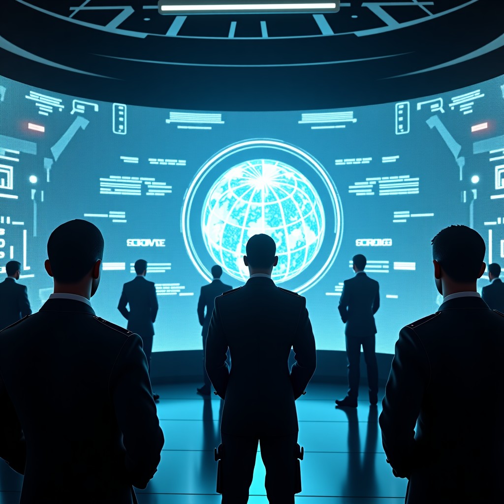 A futuristic military command center filled with high-tech transparent holographic screens showing tactical maps and data streams. Several military officers in uniform are observing the data. The atmosphere is intense and high-tech. Cinematic lighting, photorealistic, 4:3