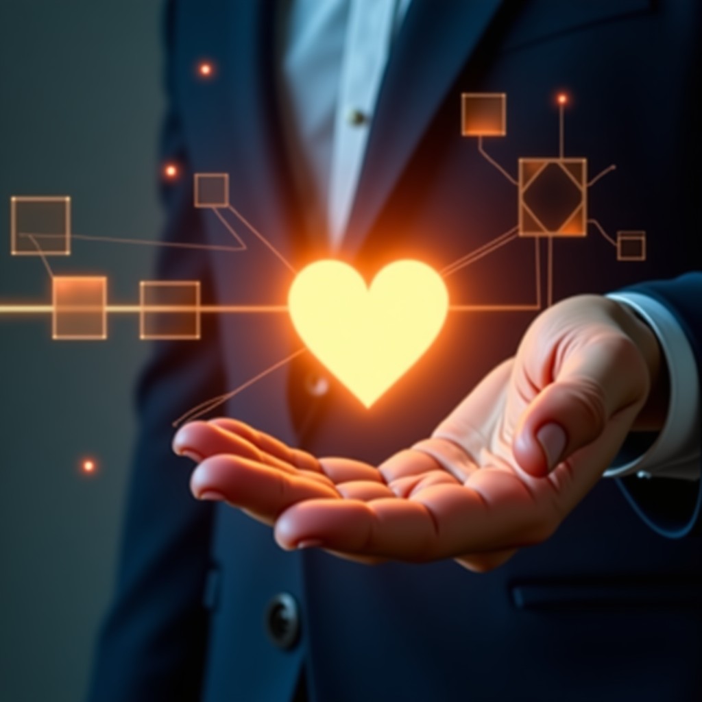 A close up of a human hand touching a digital interface that shows a glowing human heart shape, representing human control over AI, warm tones, 4:3