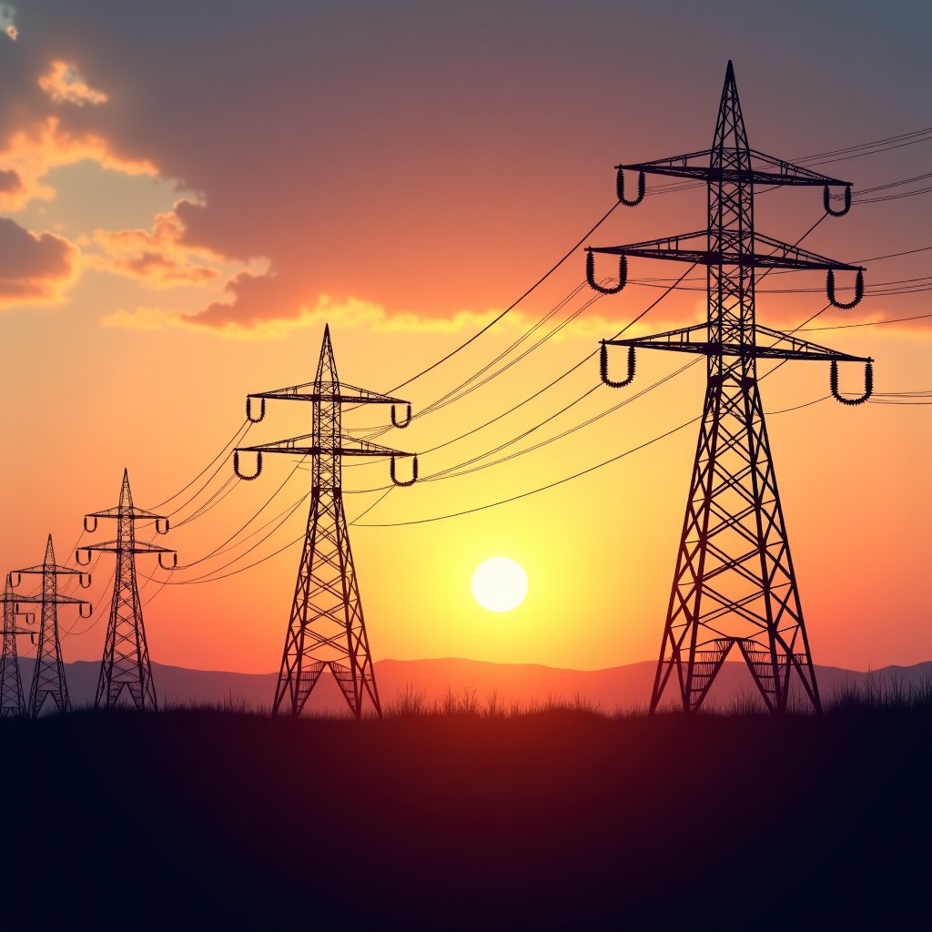 A professional conceptual shot of a power grid infrastructure upgrade, transmission towers at sunset, clean and high-tech environment, photorealistic, 4:3 aspect ratio.