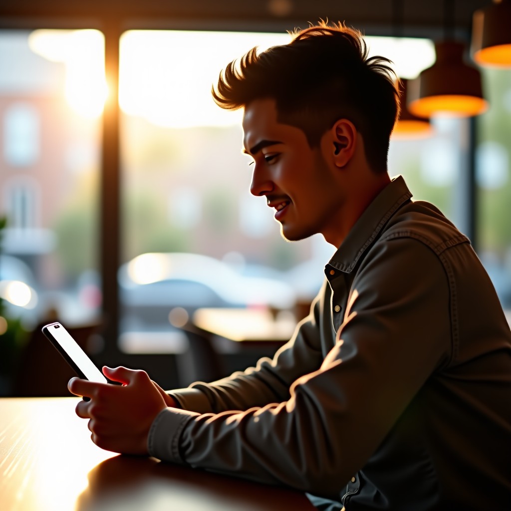 A side profile of a young professional person sitting in a sunlit modern cafe using a smartphone with a focused and satisfied expression. The background is softly blurred with warm lighting. 1:1