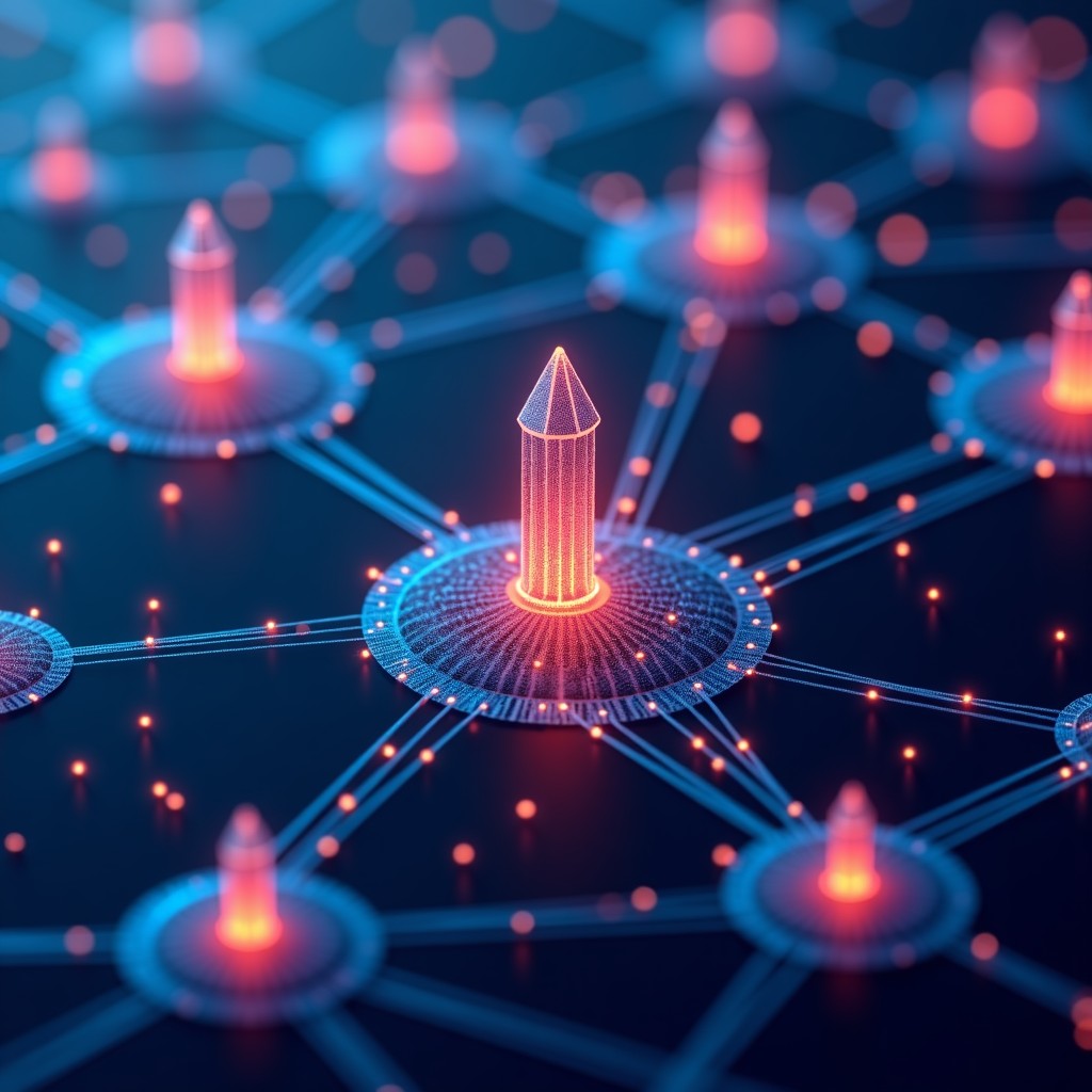 Abstract visualization of automated code analysis and software agents working in a network, digital glowing connections, professional workspace, 4:3
