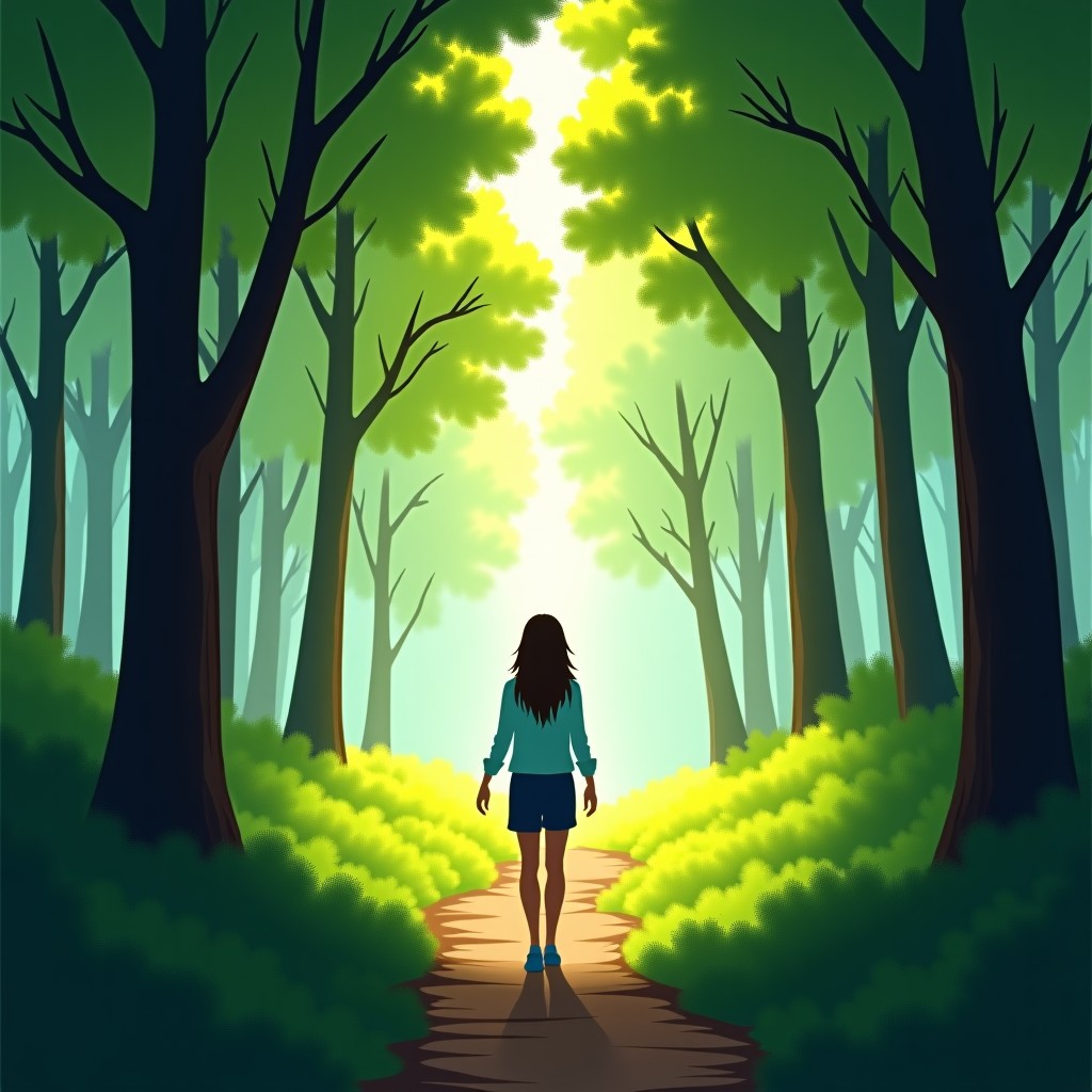 A person walking in a lush green forest, looking at trees, natural sunlight filtering through leaves, peaceful mood, realistic photography, 4:3