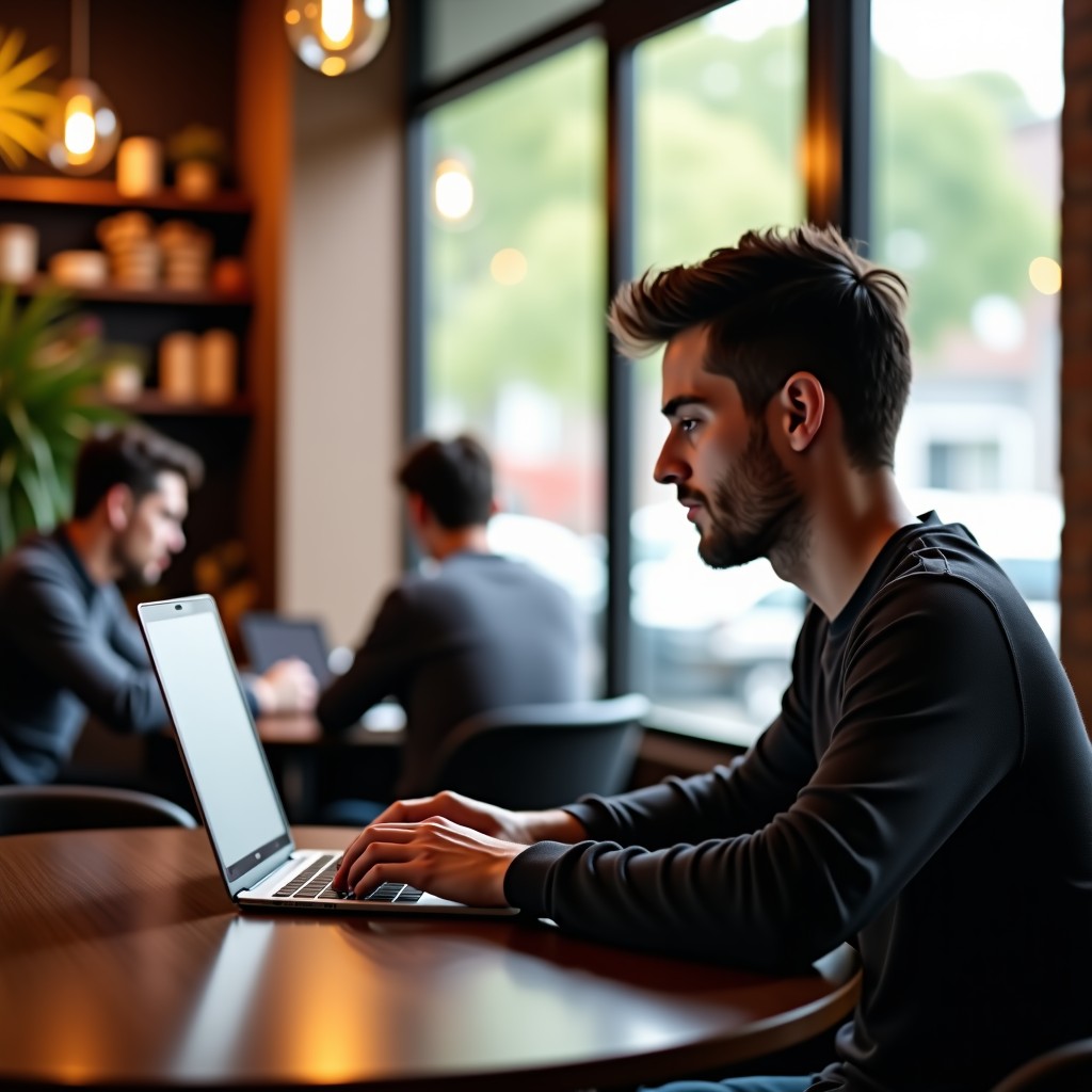A student working on a laptop in a bright modern cafe, relaxed atmosphere, cinematic lighting, 4:3 aspect ratio.