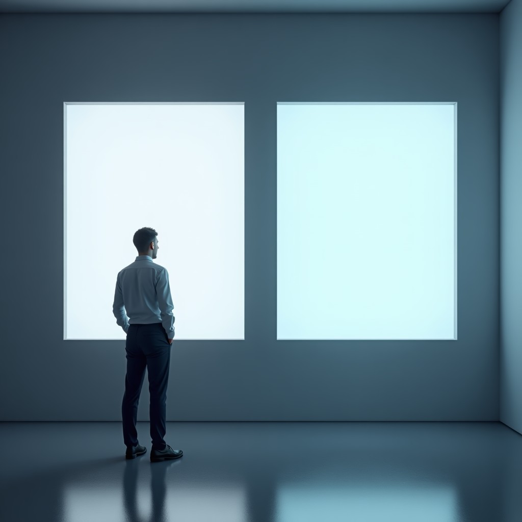 A person looking at two different AI interface options with a sense of freedom, minimalist modern office, 4:3