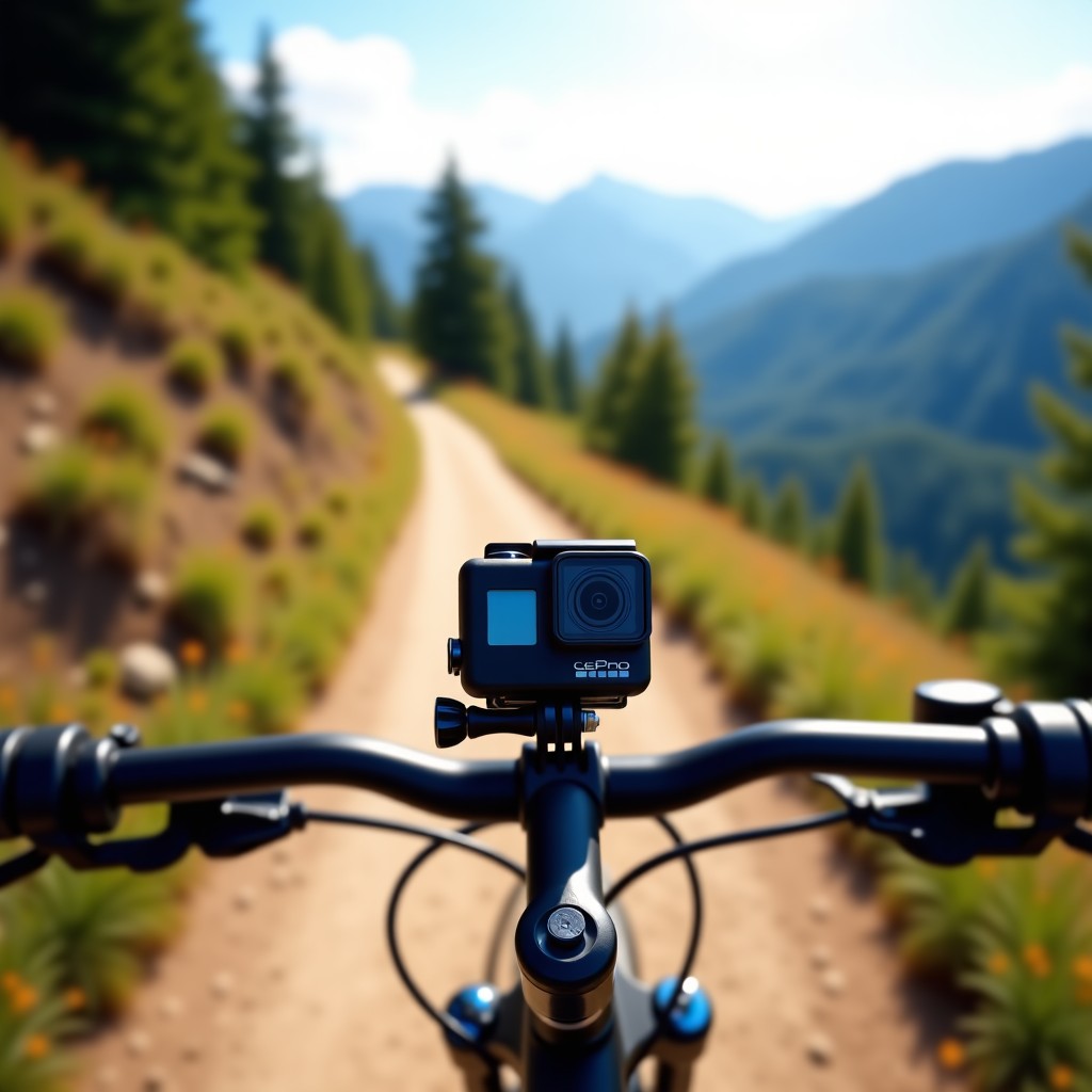 Action camera mounted on bicycle handlebars capturing a fast-moving mountain trail with beautiful nature views. Realistic lifestyle photography. 4:3