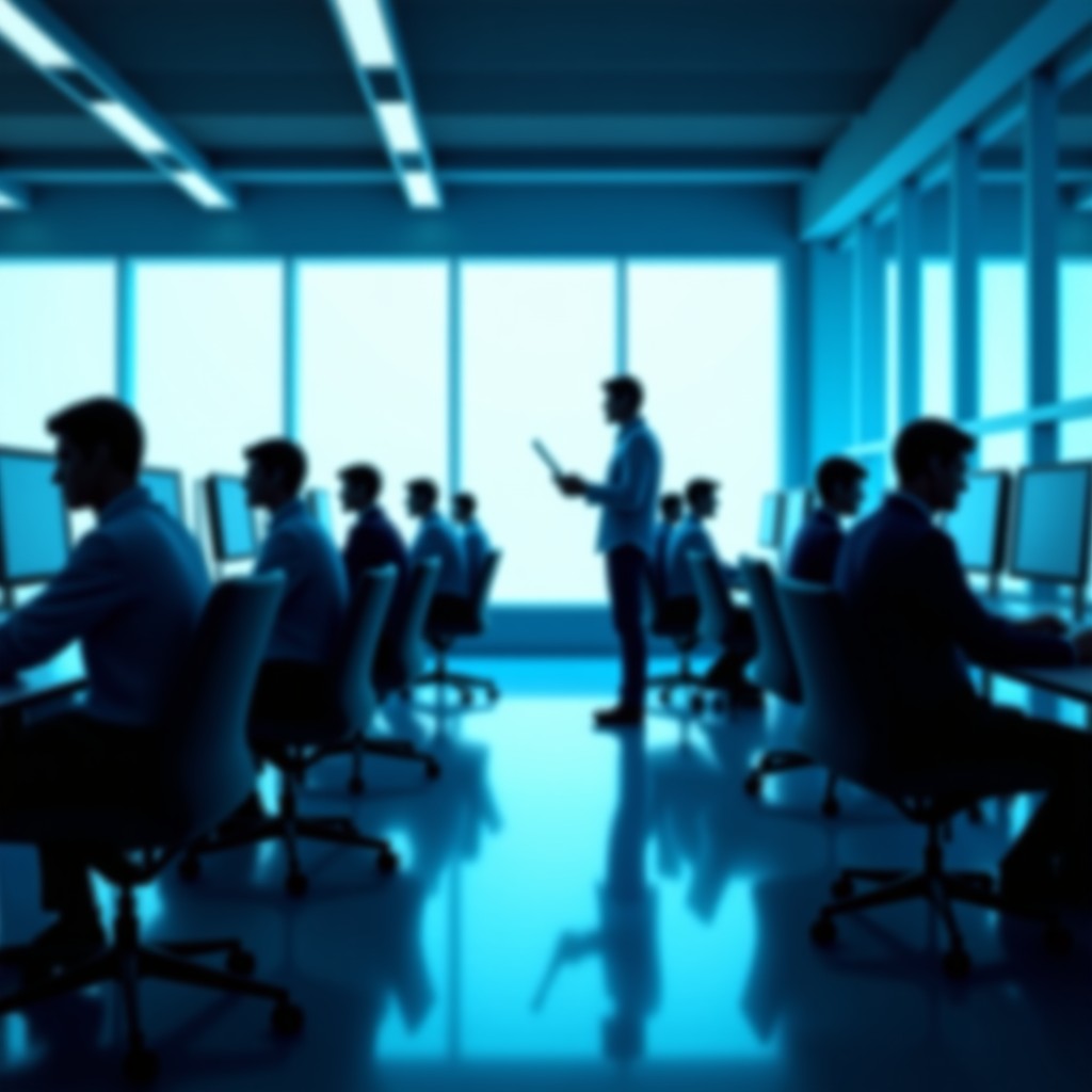 A high-tech corporate office interior with a clean, minimalist design, blurred silhouettes of employees working on sleek computers, soft ambient blue lighting, cinematic atmosphere, 4:3