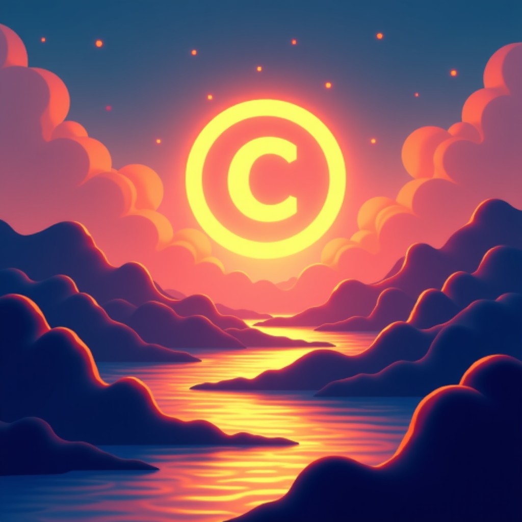 A glowing golden copyright symbol floating over a vibrant digital abstract landscape artwork on a screen, professional graphic design, 4:3