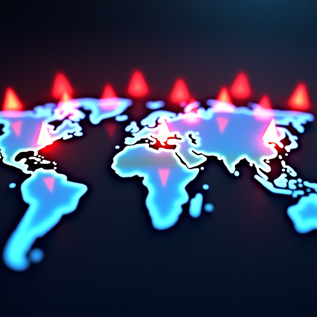 A digital conceptual image of a glowing global network map with red warning triangles popping up in different regions. High contrast, futuristic blue and red color palette, 1:1.