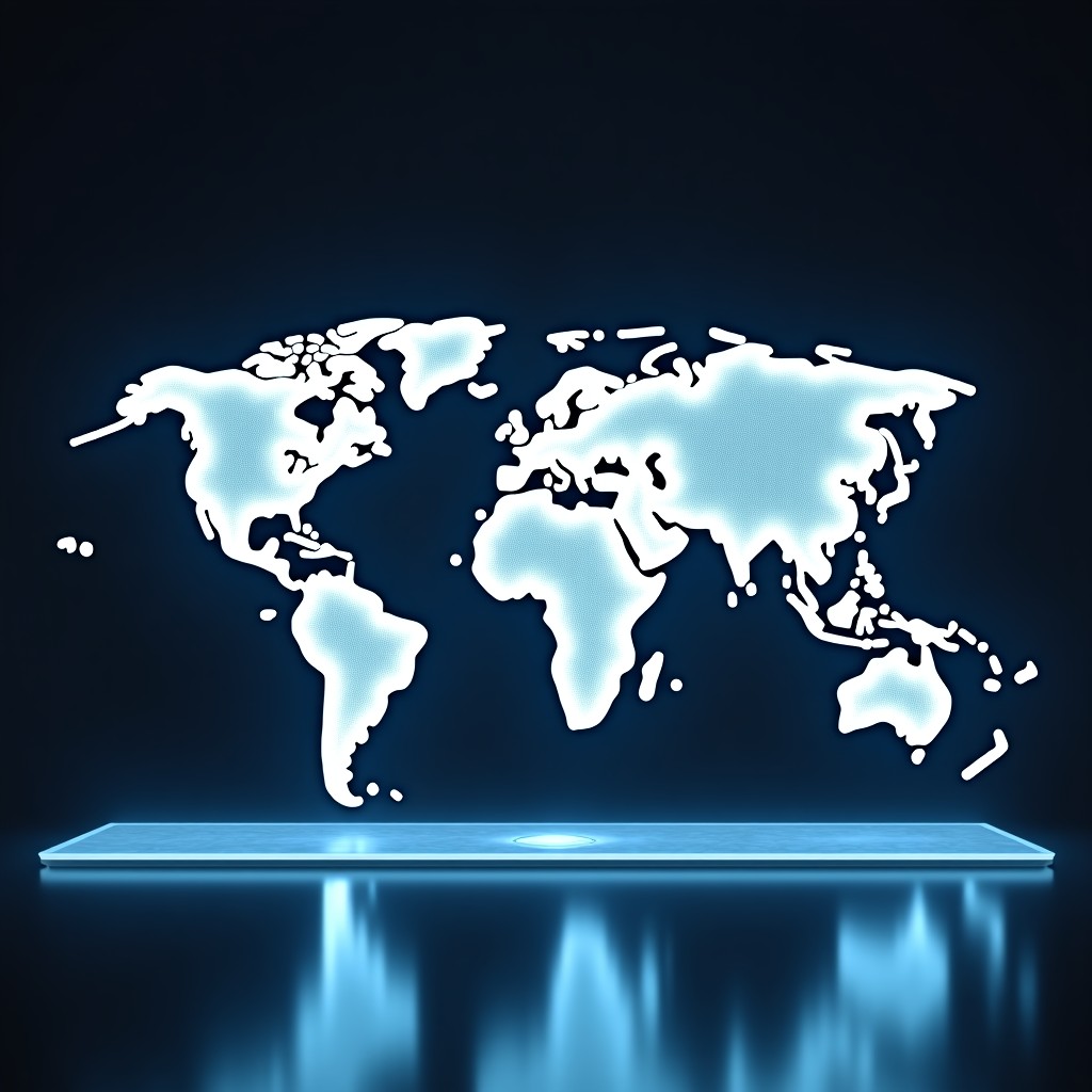 A glowing digital world map on a glass table with holographic lines connecting different continents, futuristic and professional atmosphere, dark navy background, 4:3