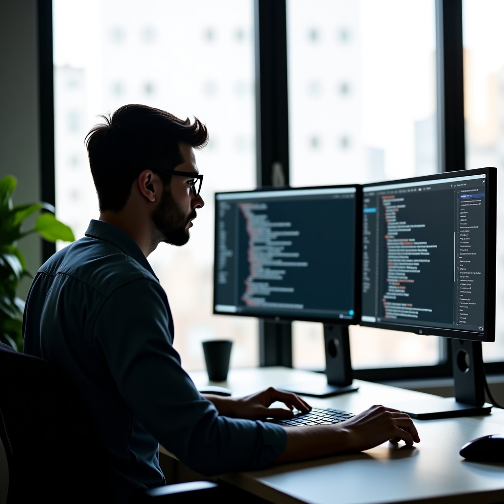 A professional software engineer working with multiple high-resolution monitors in a modern workspace, code streaming on screens, natural daylight through a window, clean and minimal setup, photography style, 4:3