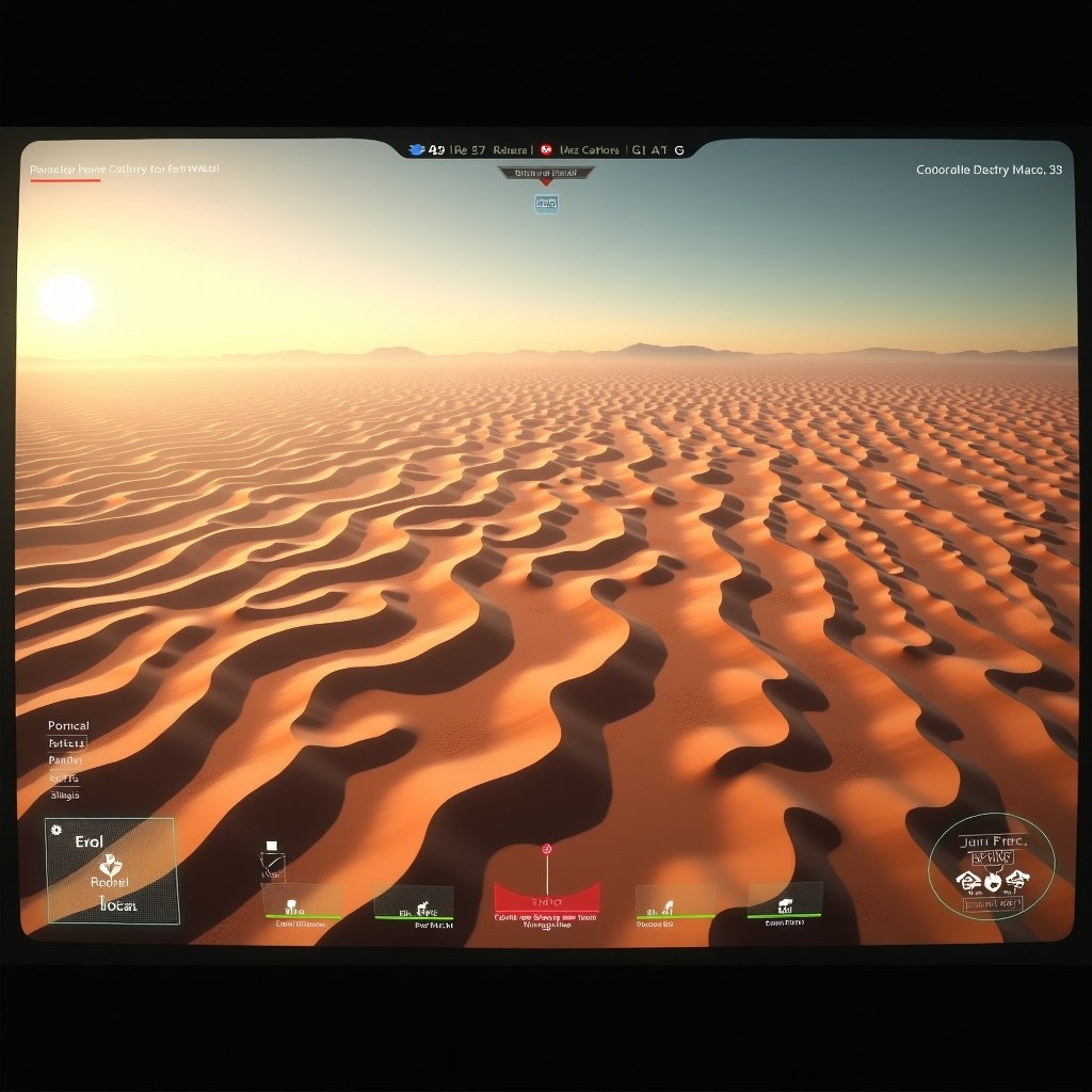 A screen showing a high-altitude drone view of a desert landscape with target boxes and data overlays in red and green. Professional military interface design. Photorealistic detail. 4:3